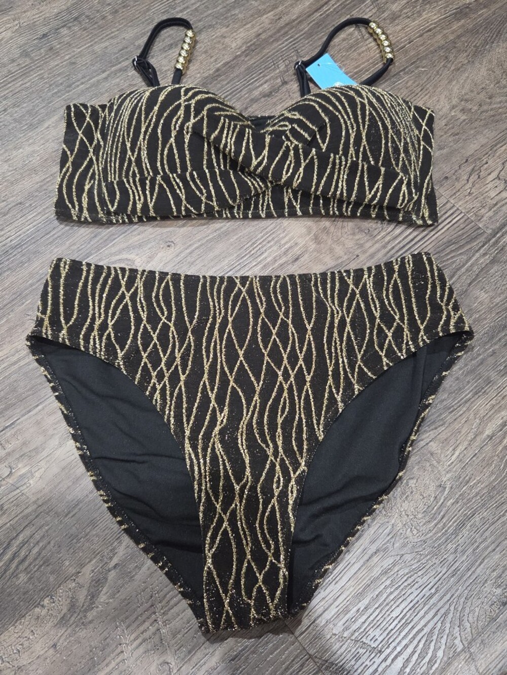 Cupshe High-Waist Black Swimsuit with Gold Wave Detail Size XL New